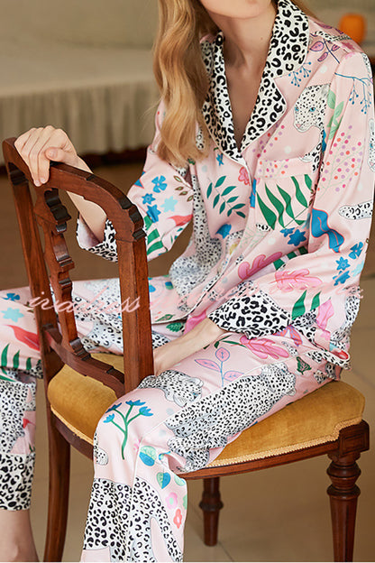 Pink Snow Leopard Printed Home Long Sleeve Two Piece Set