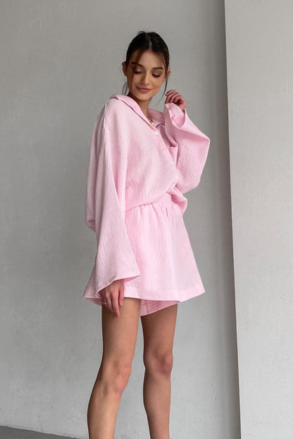 Cotton Long Sleeve Shirt Wide Leg Pants Two Piece Set