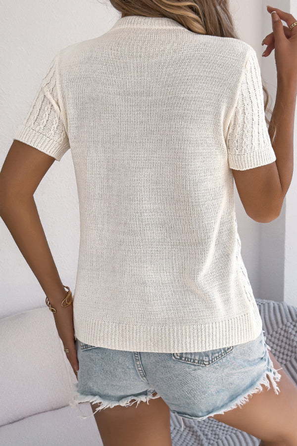 Solid Color Openwork Round Neck Short-sleeved Knit Cardigan