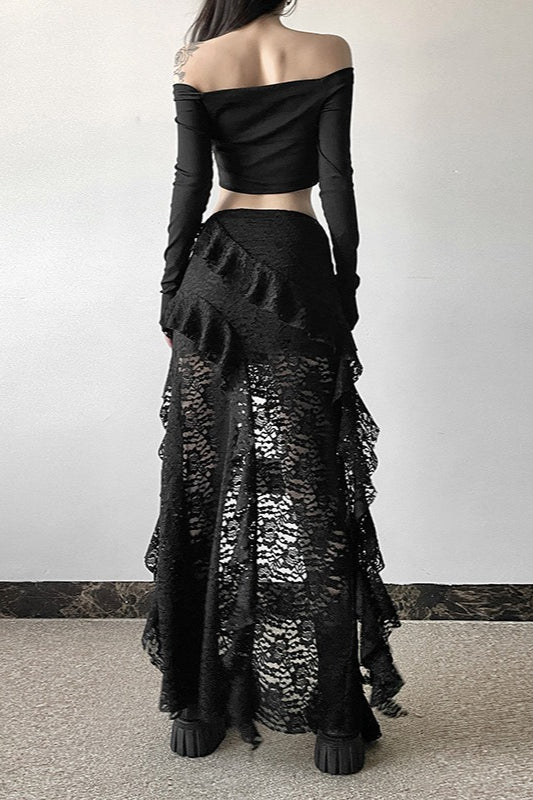 Lace Overlay Wave Detail Bodycon Skirt