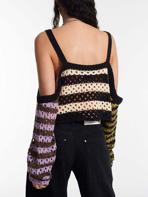 Cutout Contrast Color Splice Buckle Strap Crochet Top