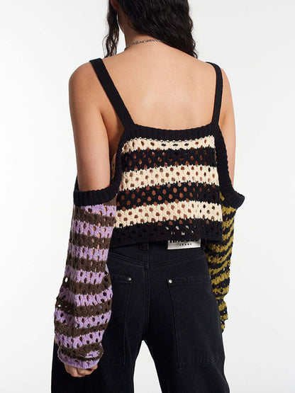 Cutout Contrast Color Splice Buckle Strap Crochet Top