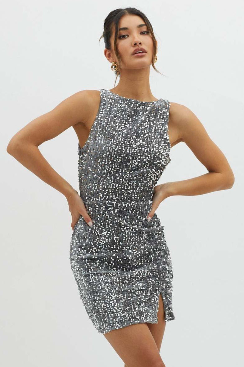 Boat Neck Sleeveless Sequin Side Slit Bodycon Mini Dress