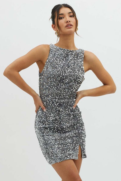 Boat Neck Sleeveless Sequin Side Slit Bodycon Mini Dress