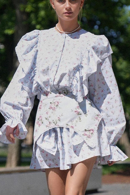 Floral Print Puff Shoulder Ruffle Cuff Blouse and Tiered Ruffle Mini Skirt Set