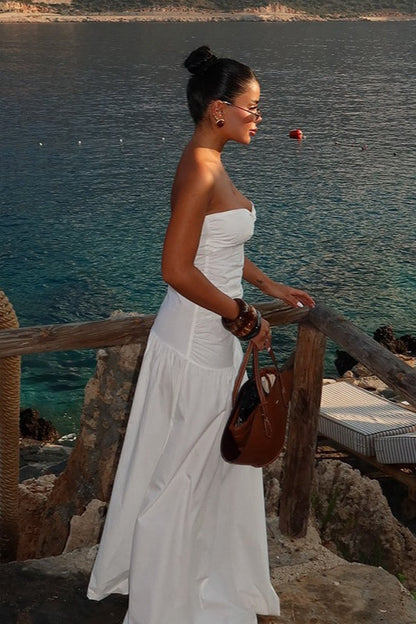 Strapless Twist Front Cutout Ruched Tiered Maxi Dress