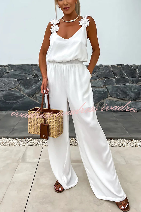 Solid Color Embroidered Flower Suspenders Casual Loose Jumpsuit