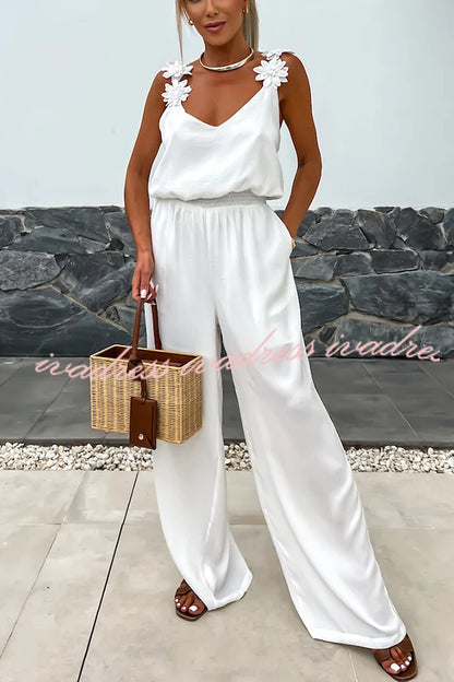 Solid Color Embroidered Flower Suspenders Casual Loose Jumpsuit