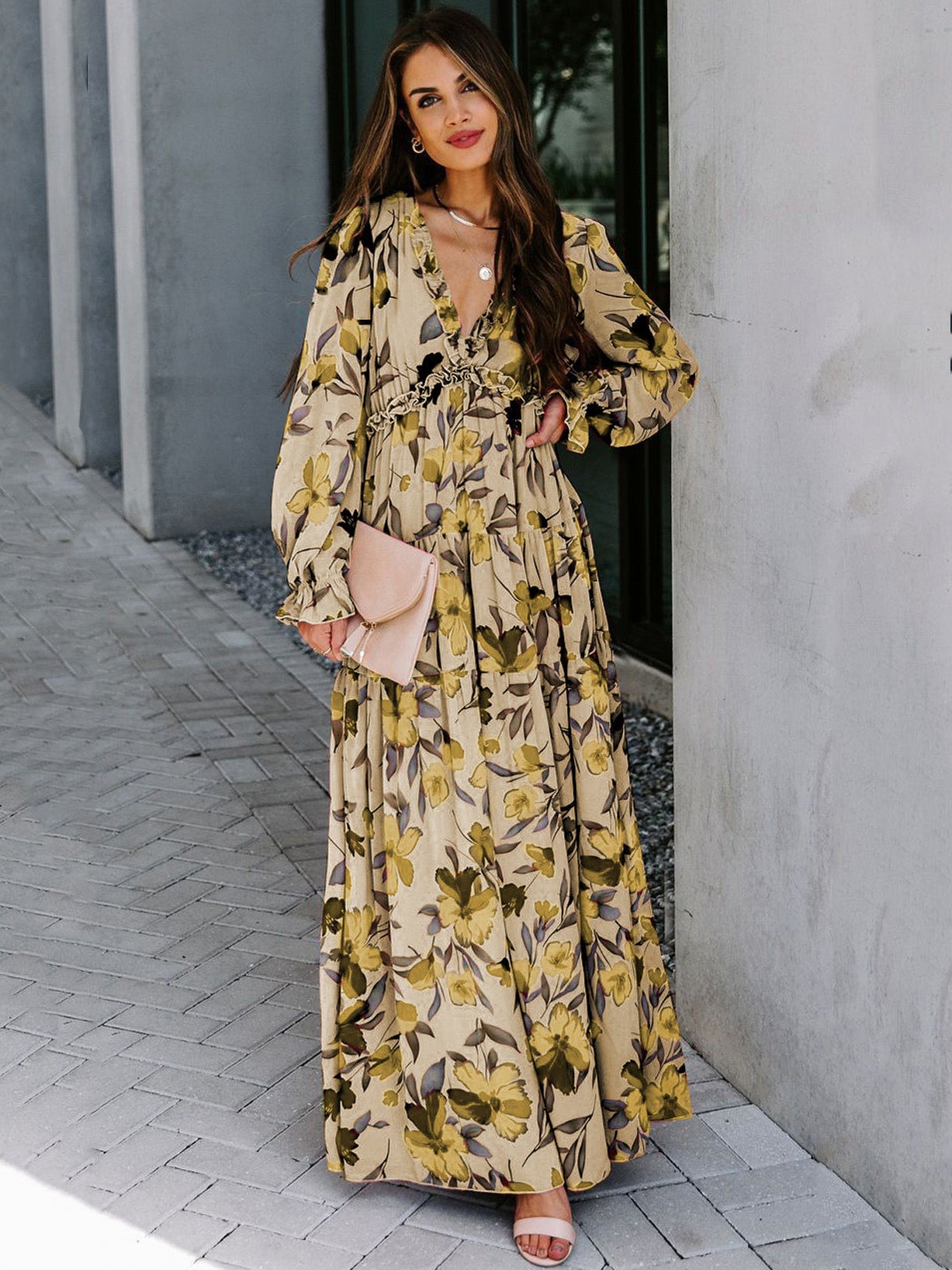 Floral Boho Maxi Dress For Women - High Waist Long Sleeve Ruffle V-Neck Gown - Spring Garden Wedding Guest 2026