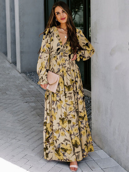 Floral Boho Maxi Dress For Women - High Waist Long Sleeve Ruffle V-Neck Gown - Spring Garden Wedding Guest 2026
