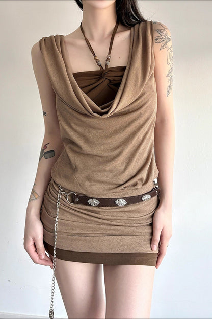 Distressed Draped Neck Beaded Two Piece Bodycon Mini Dress