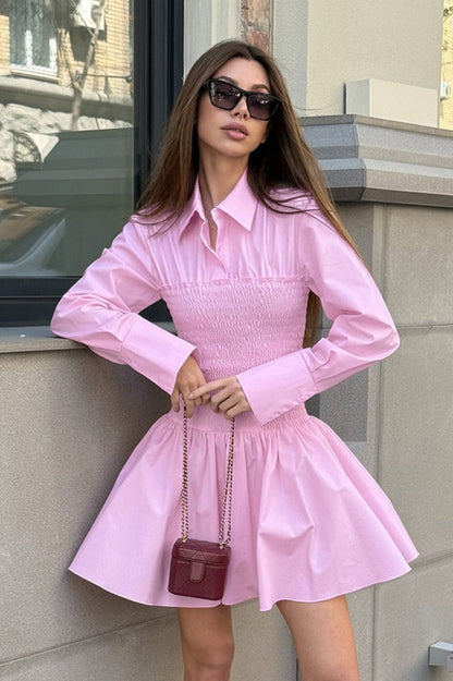Point Collar Smocked Bodice Wide Cuff Long Sleeve Flare Mini Shirt Dress