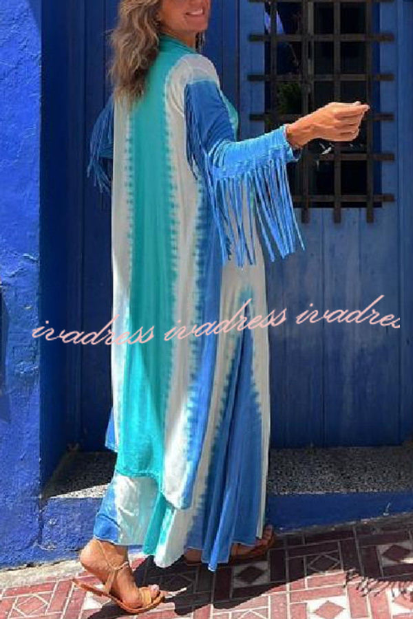 Song of The Vagabond Tie-dye Print Open Front Tassel Duster Cover-up
