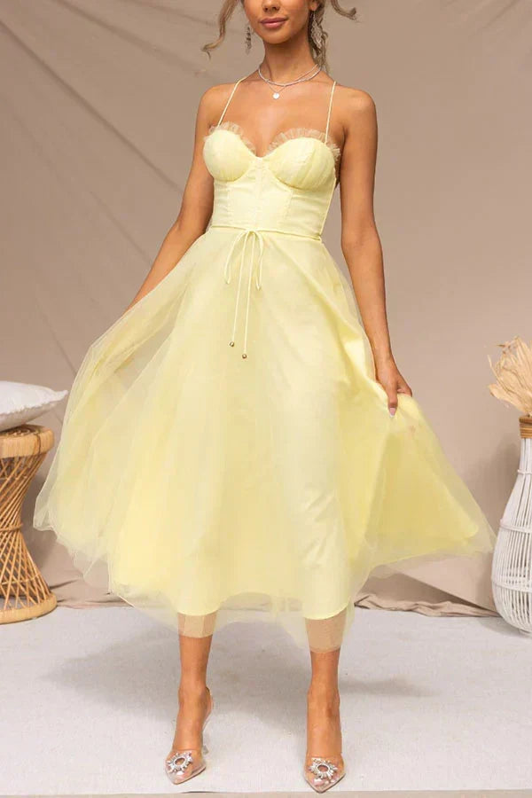 Sweetheart Neck Spaghetti Strap Corset Lace Up Tulle Skirt Midi Dress