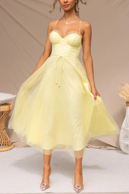 Sweetheart Neck Spaghetti Strap Corset Lace Up Tulle Skirt Midi Dress