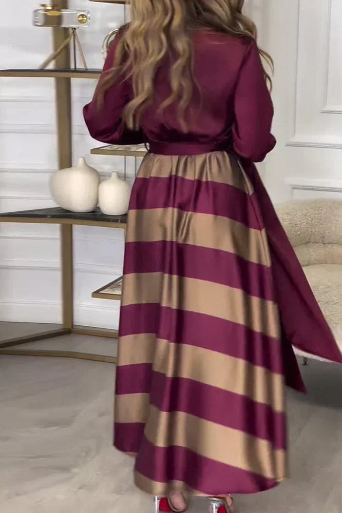 Collared Long Sleeve Button Down Tie Waist Striped Maxi Dress