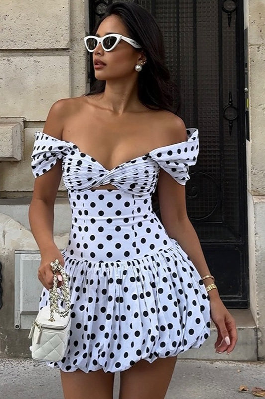 Polka Dot Off-the-Shoulder Twist-Front Cutout Bubble Hem Mini Dress