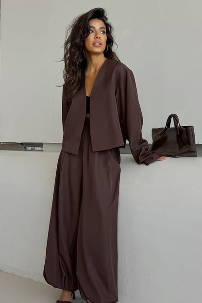 | Solid V-neck Cardigan and Tapered Two Piece Set