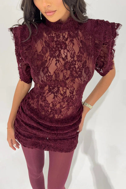 Bold and Alluring Lace High Neck Statement Padded Shoulder Wide Sleeve Ruched Mini Dress