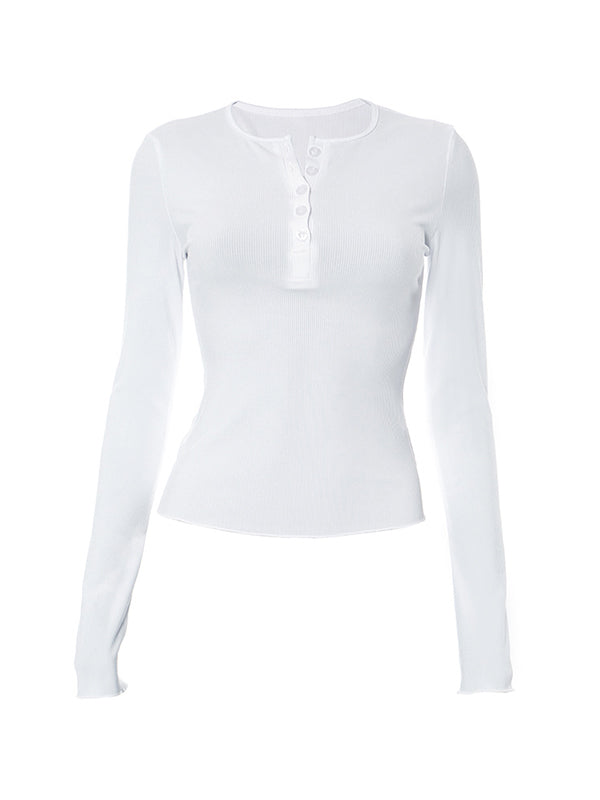 Solid Color Crew Neck Breasted Long Sleeve Knit
