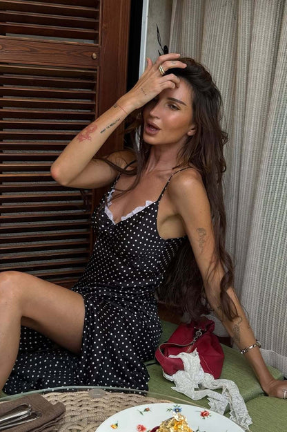 Polka Dot Lace Trim Spaghetti Strap Scoop Neck Slip Maxi Dress