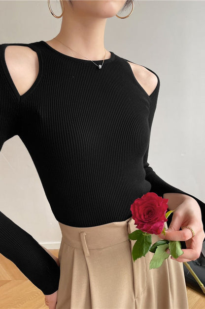 Retro Crew Neck Off-Shoulder Split-Cuff Slim Knit Top