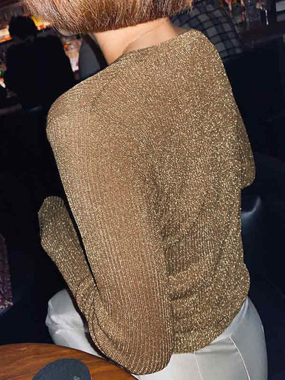 Glitter Ribbed Pearl Button Long Sleeve Knit