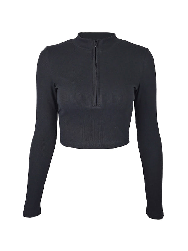 Solid Color Ribbed Zip Up Crop Long Sleeve Knit