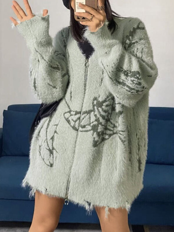Print V Neck Zip Up Loose Cardigan