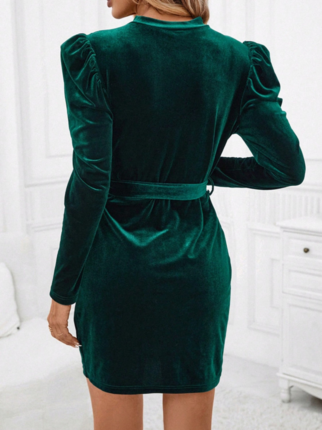 Velvet Mock Neck Puff Sleeve Tie-Waist Belted Mini Dress