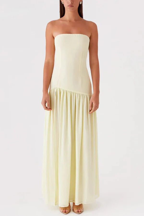 Strapless Bandeau Drop-Waist Gathered Chiffon High-Slit Maxi Gown