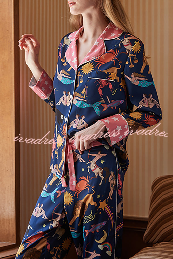 Blue Constellation Printed Home Long Sleeved Two-piece Set