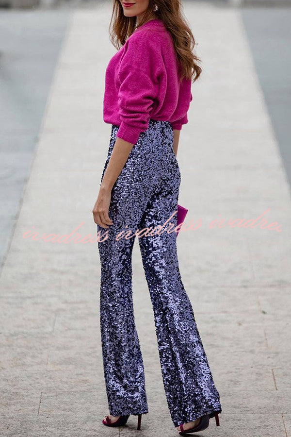 Diva Velvet Sequin High Rise Elastic Waist Flare Pants
