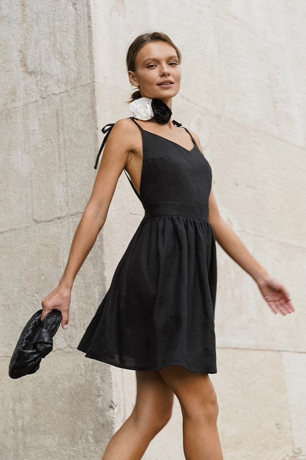 Tie Shoulder Spaghetti Strap V Neck Pleated Linen Blend Flare Mini Dress