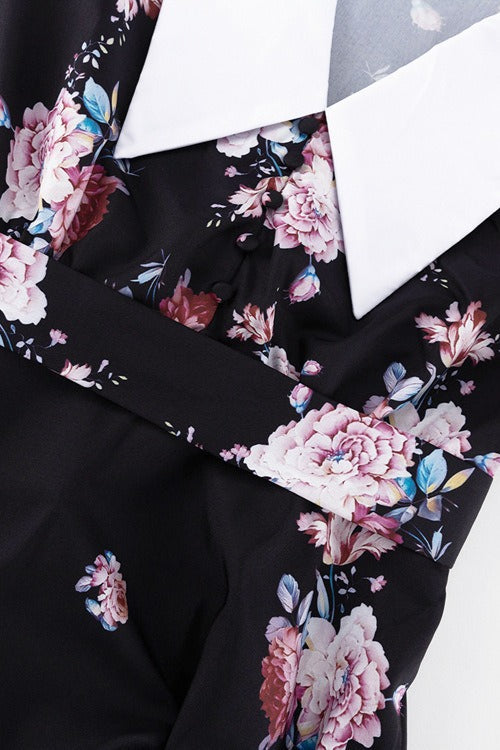 Pointed Collar Puff Shoulder Long Sleeve Cinched Waist Floral Midi Dress