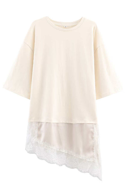 Stylish Round Neck Short-sleeved Patchwork Lace Hem Loose T-shirt