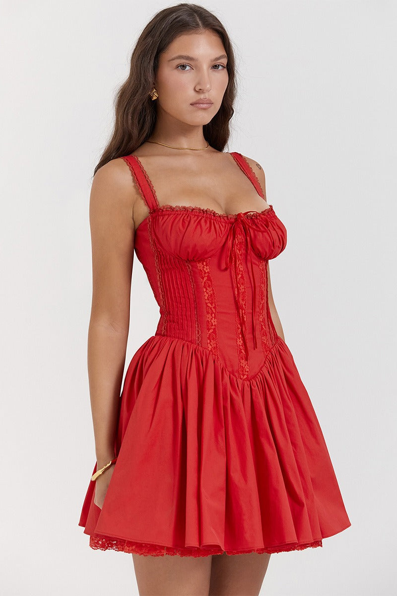 Off Shoulder Lace Trim Corset Bodice Lace Hem A-Line Mini Dress