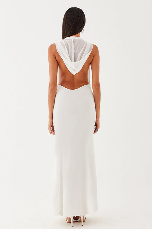 Hooded Deep Cowl Neck Sleeveless Backless Maxi Dress
