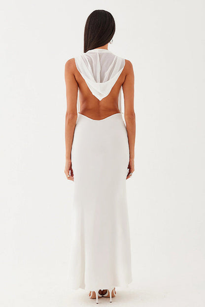 Hooded Deep Cowl Neck Sleeveless Backless Maxi Dress