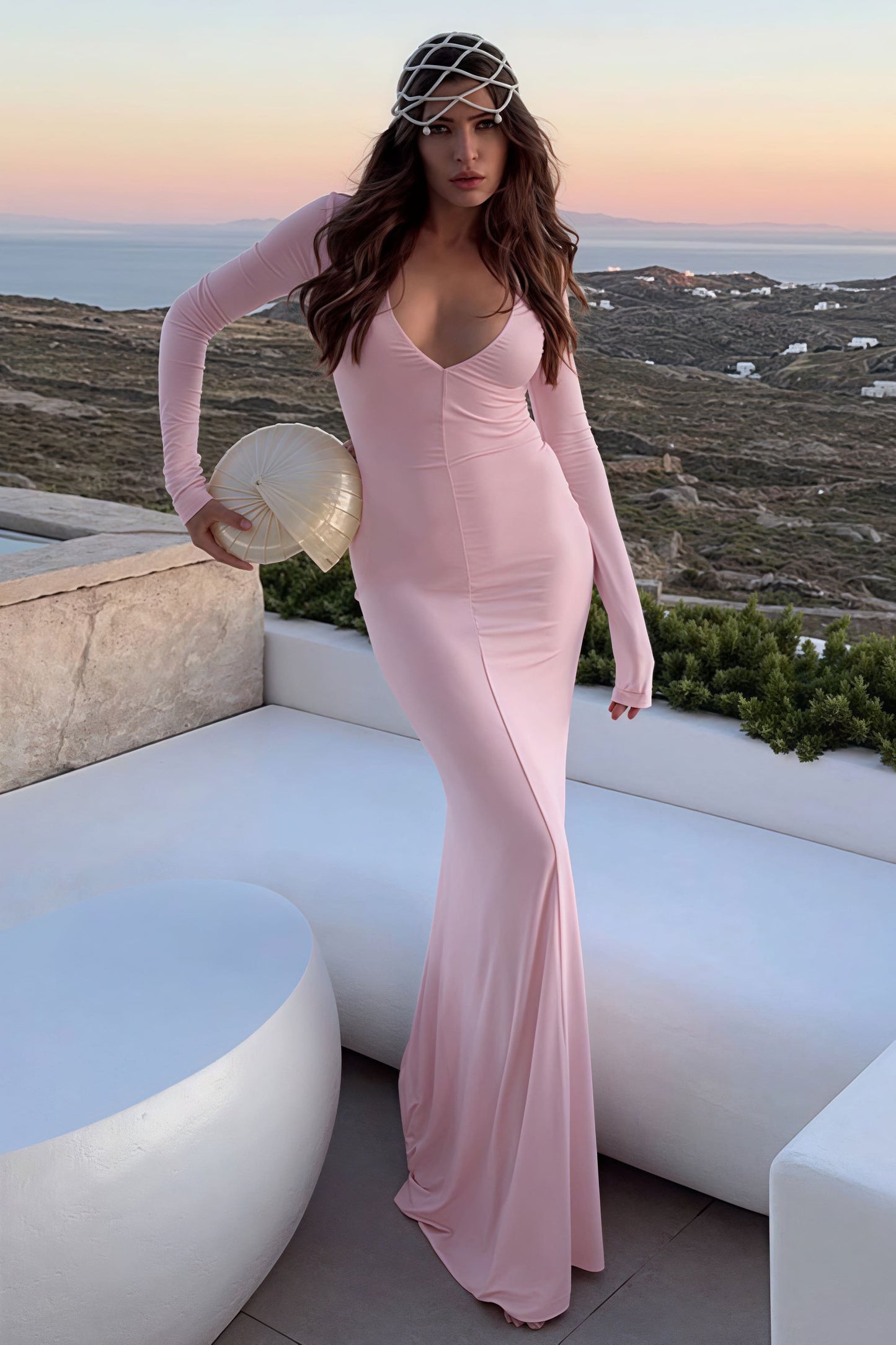 | Deep V-Neck Long Sleeve Bodycon Maxi Dress