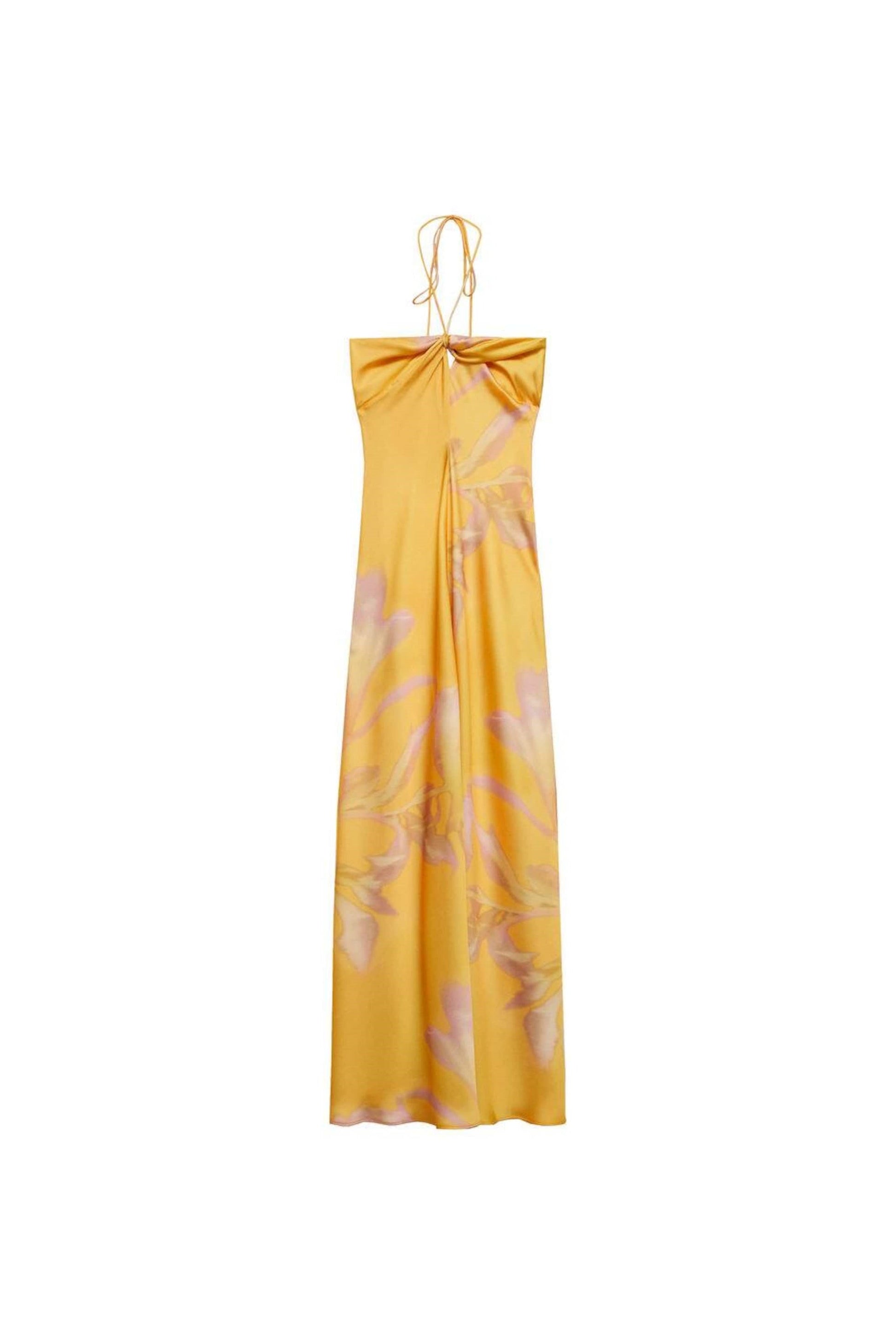 Halter Neck Twist Front Gathered Bodice Abstract Floral Satin Maxi Dress