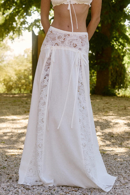 Solid Color Pleated Tie-front Top and Elegant Patchwork Lace Openwork Maxi Skirt Set
