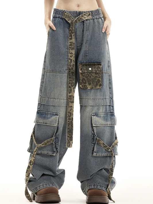 Vintage leopard print multi-pocket straps Cargo Jeans