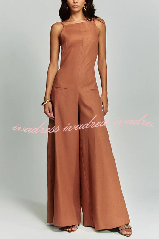 Kelso Linen Blend Square Neck Pocketed Backless Wide Leg Jumpsuit