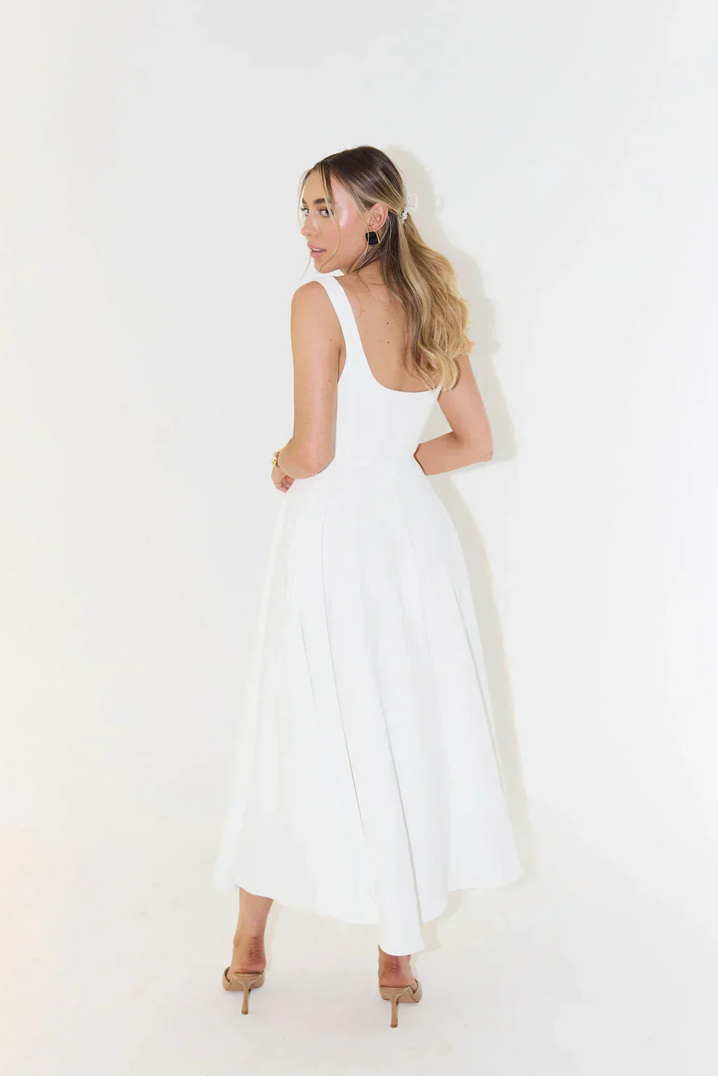 Square Neck Wide Strap Fit and Flare Pleated Tea Length Midi Dress
