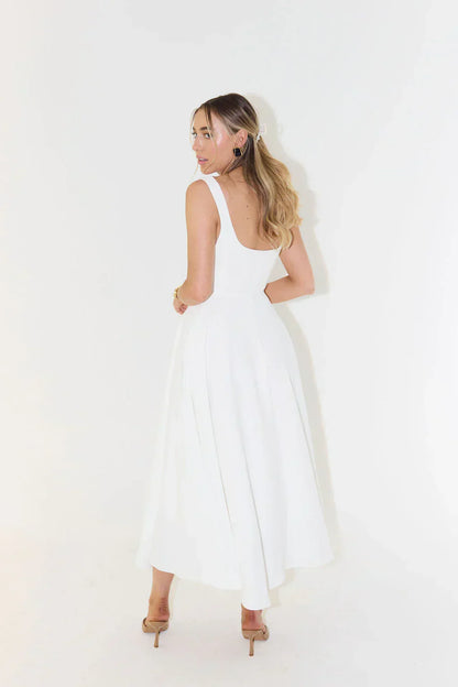 Square Neck Wide Strap Fit and Flare Pleated Tea Length Midi Dress