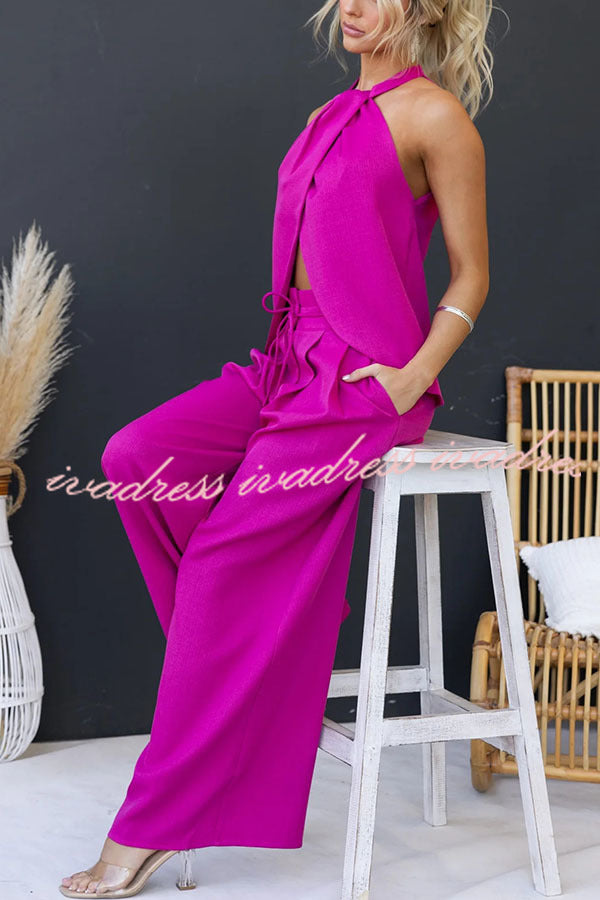 Gette Linen Blend Slit Front Top and High Rise Knoted Pocket Wide Leg Pants Set
