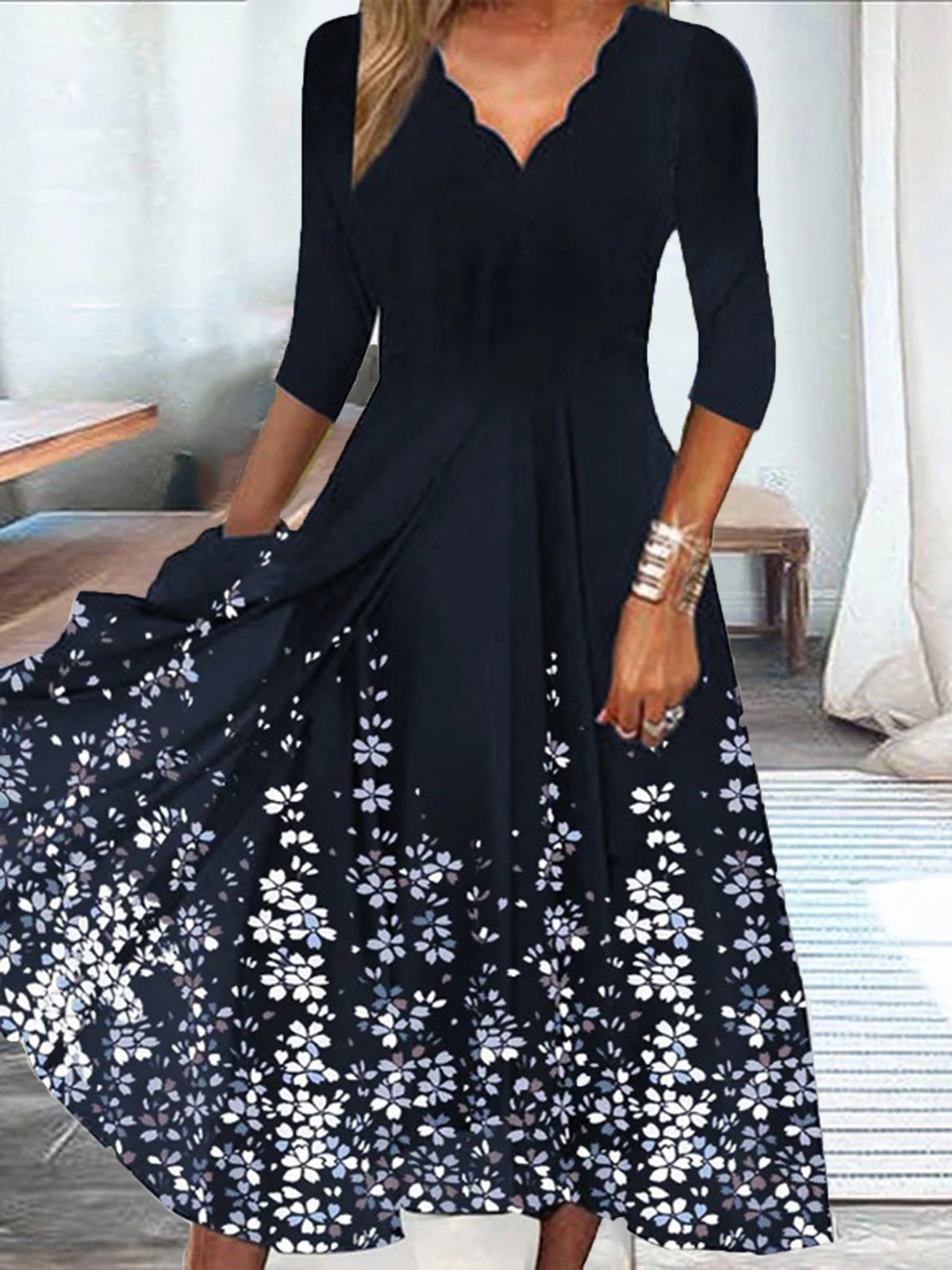 Scalloped V-Neck Three-Quarter Sleeve Floral Border Print A-Line Midi Dress
