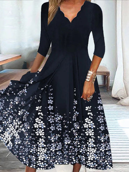 Scalloped V-Neck Three-Quarter Sleeve Floral Border Print A-Line Midi Dress