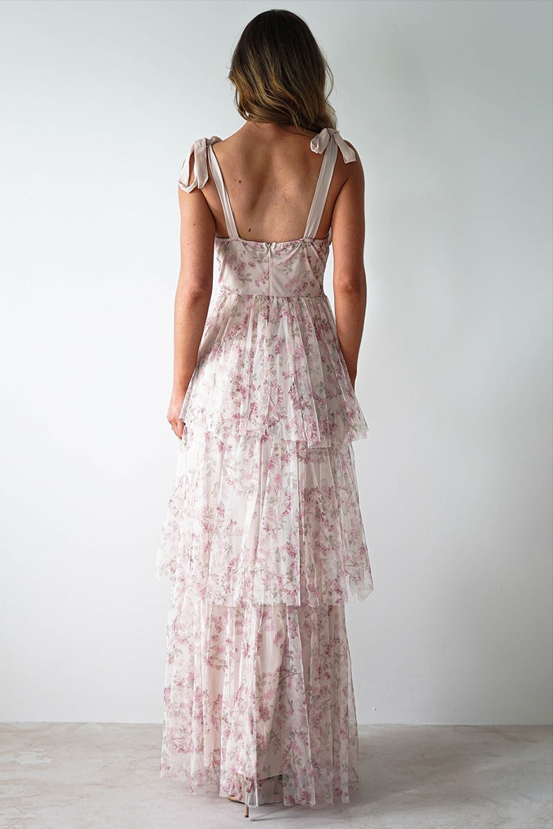 Sweetheart Bustier Tie Shoulder Bow Strap Tiered Ruffle Floral Maxi Dress